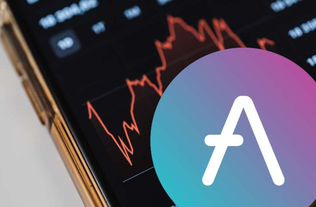 lo schermo di uno smartphone che mostra alcuni grafici finanziari, e il logo di Aave in sovrimpressione