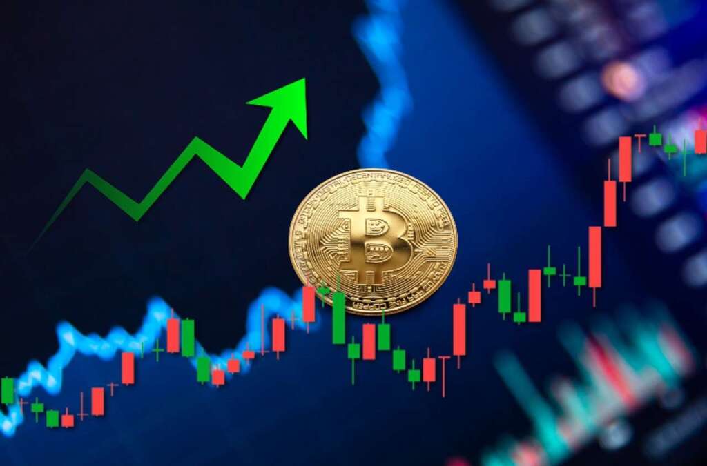 Grafici sull'andamento dei prezzi con una moneta di Bitcoin al centro e una freccia verde