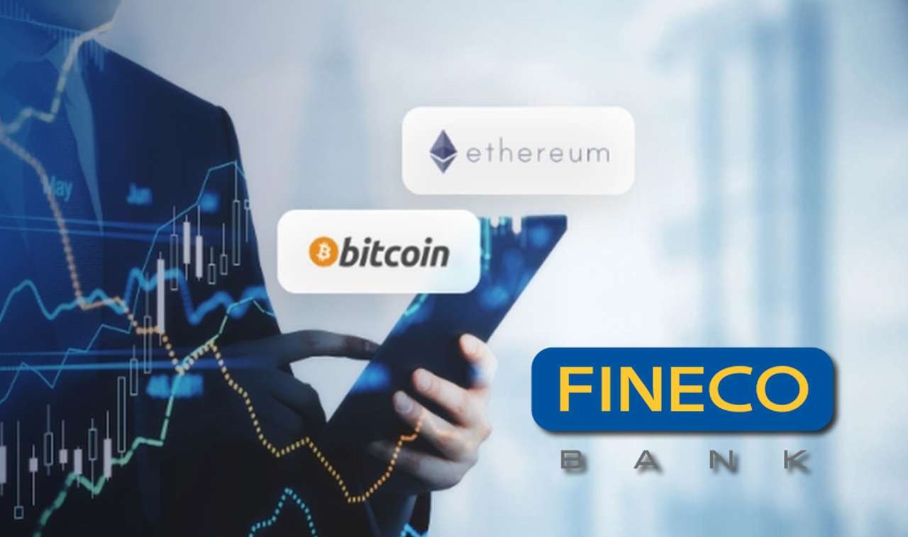 logo Fineco, Bitcoin ed Ethereum su sfondo con uomo d'affari e grafici sfocati