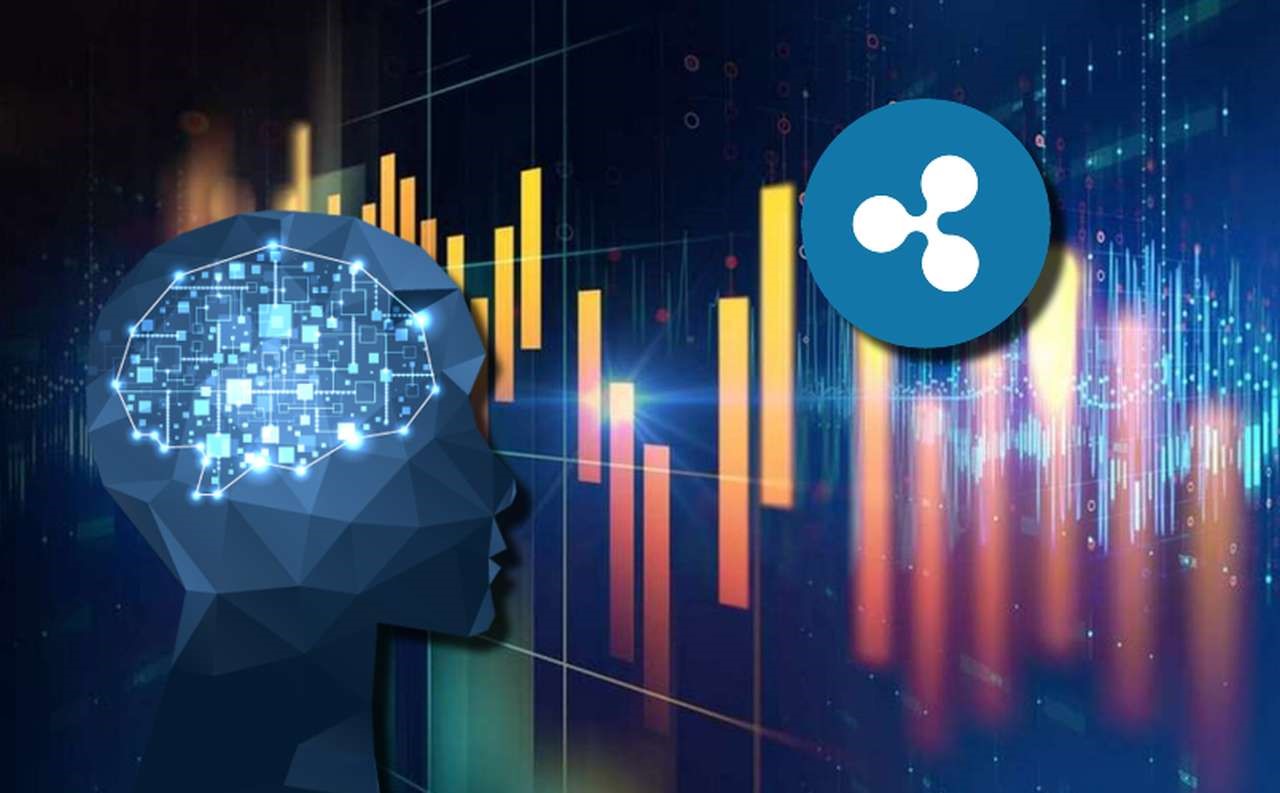 la sagoma di una testa con punti e tratti luminosi nell'area del cervello, con un grafico a candelle sullo sfondo e il logo di XRP