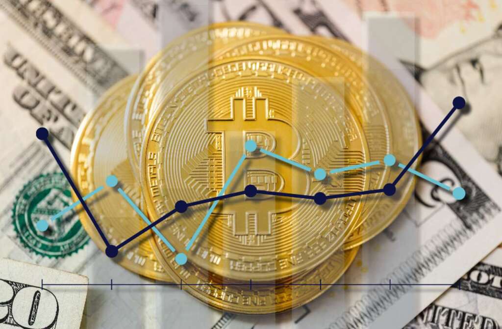 alcune monete di Bitcoin con un grafico a candele in trasparenza in sovrimpressione