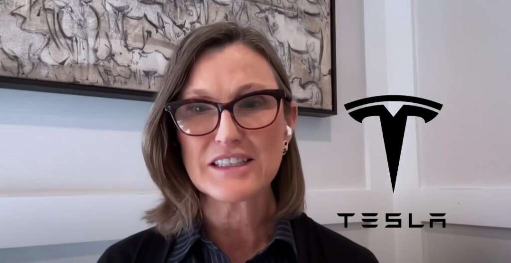 Cathie Wood e logo di Tesla