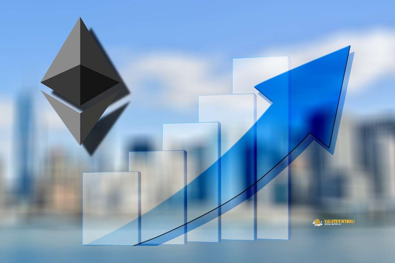 il logo di Ethereum e un grafico a candele con una freccia