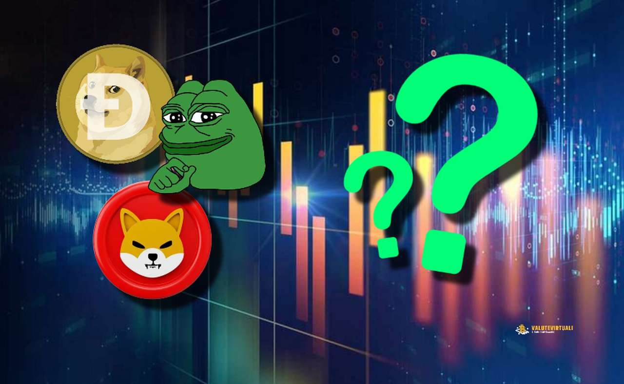 Un grafico finanziario con i loghi di alcune meme coin e dei punti interrogativi in sovrimpressione