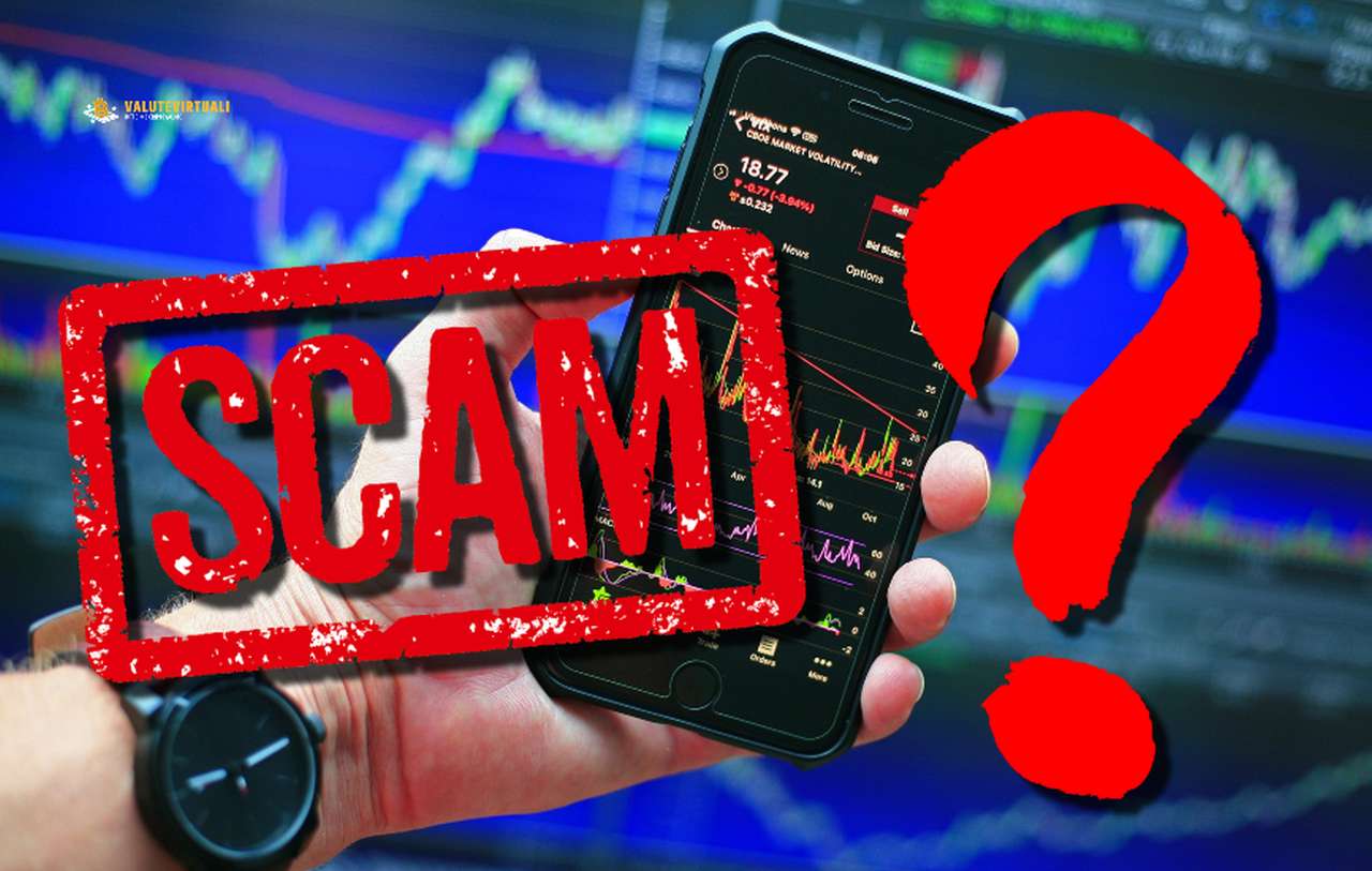 Dei grafici finanziari sullo schermo di uno smartphone e sullo sfondo, con la scritta SCAM e un punto interrogativo in sovrimpressione