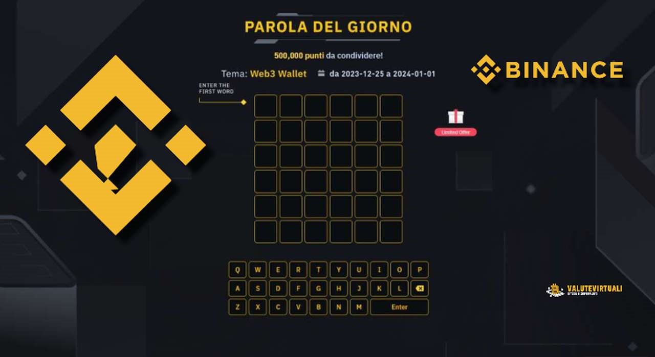 La pagina web con il tabulato del gioco Word of the Day di Binance