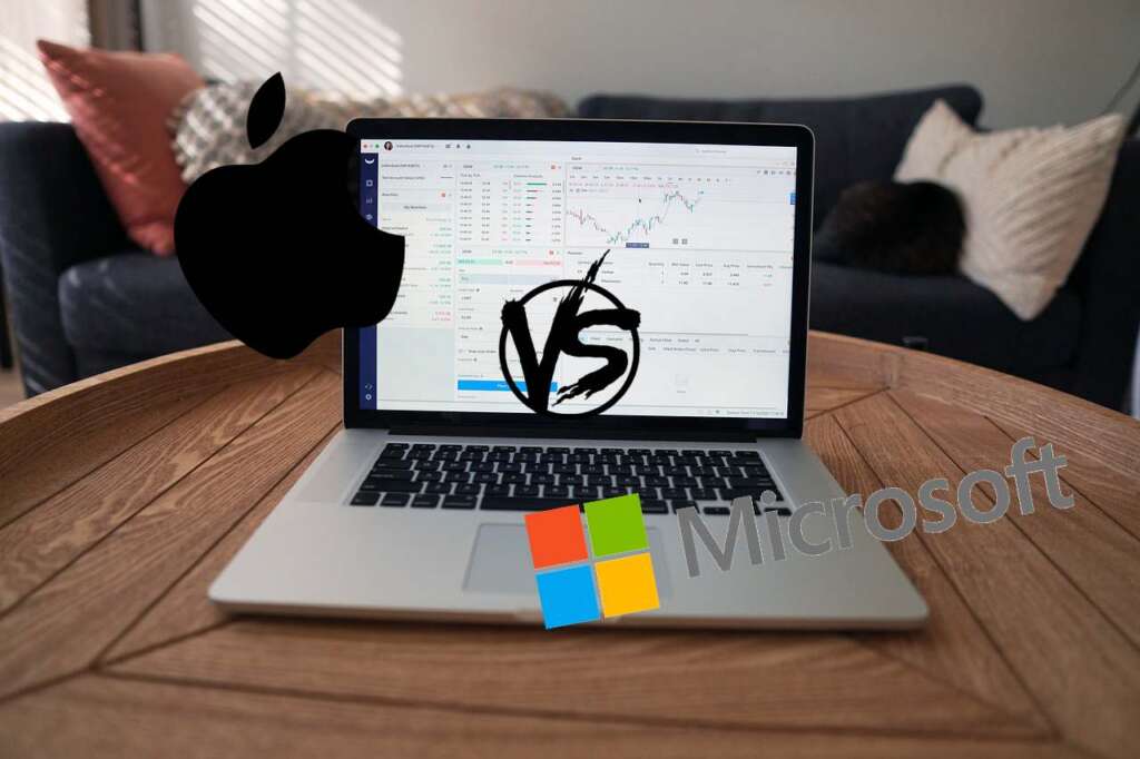 laptop con schermata trading e logo Apple e Microsoft