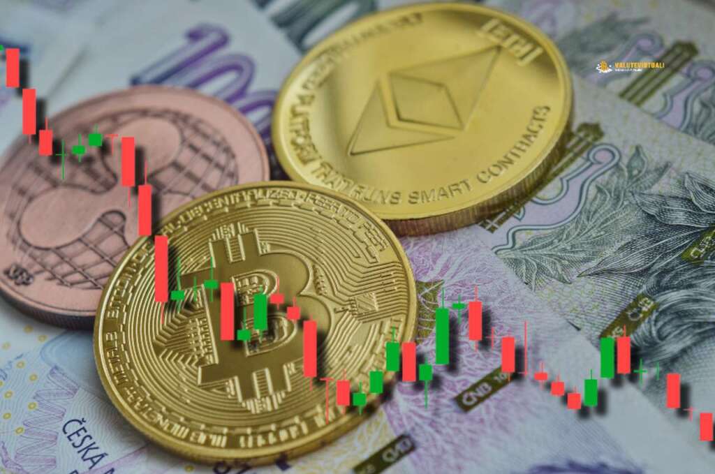 monete di Bitcoin, Ethereum e Ripple poggiate su alcune banconote di valuta fiat. In sovrimpressione un grafico a candele