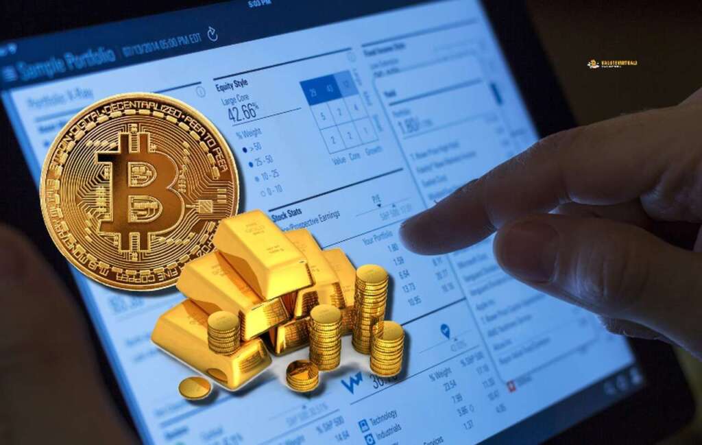 l'indice di una mano posato sullo schermo di un tablet e in sovrimpressione una moneta di Bitcoin con dei lingotti d'oro