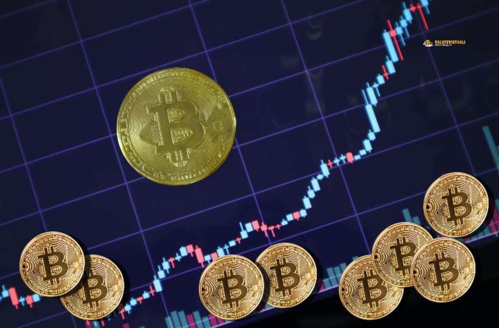 un grafico a candele e alcune monete di Bitcoin