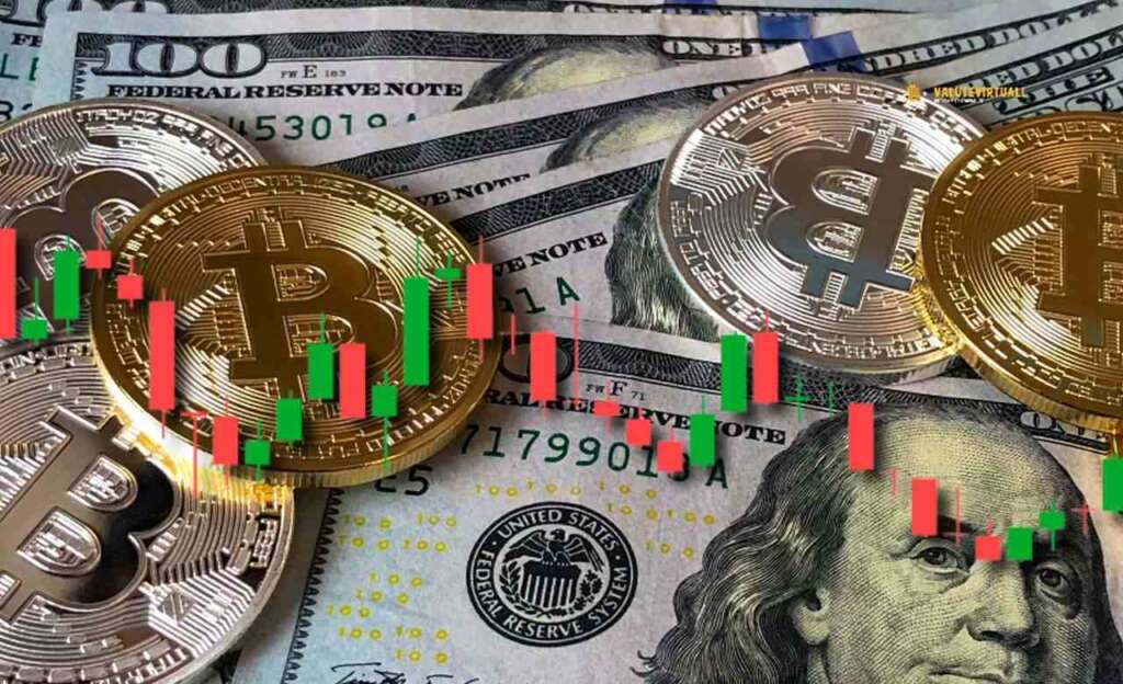 Alcune banconote di dollaro e diverse monete di Bitcoin con un grafico a candele in sovrimpressione