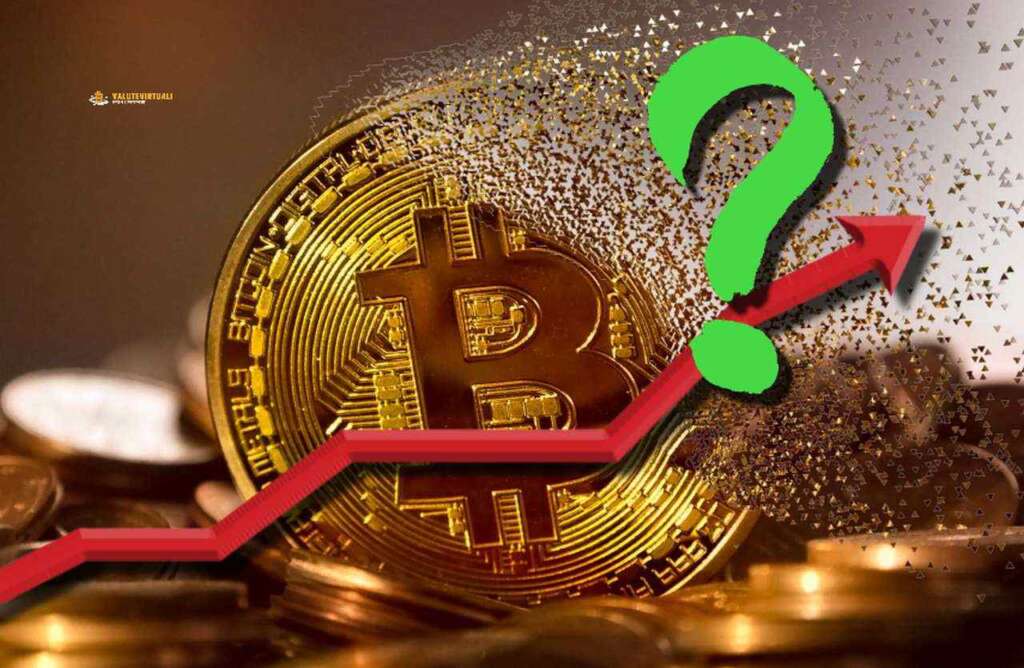 Una moneta di Bitcoin che si sgretola. con una freccia rossa e un punto interrogativo in sovrimpressione