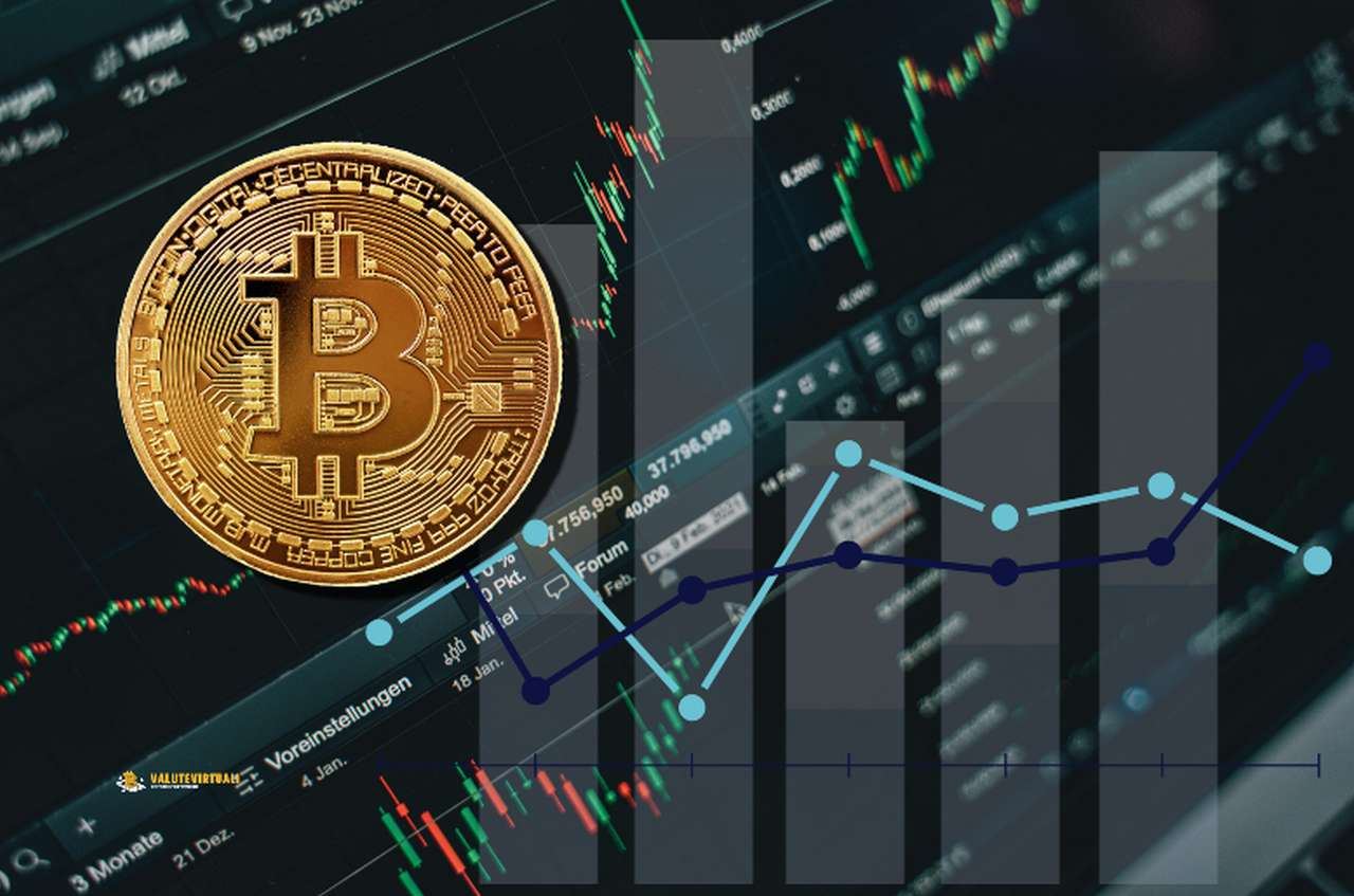 Un grafico finanziario con una moneta di Bitcoin in sovrimpressione