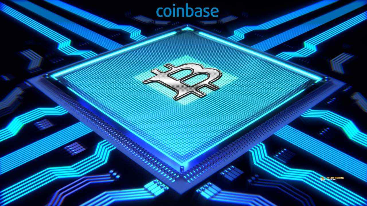 le luci blu di un circuito con il logo di Bitcoin al centro di un rombo e il logo di Coinbase in alto in piccolo