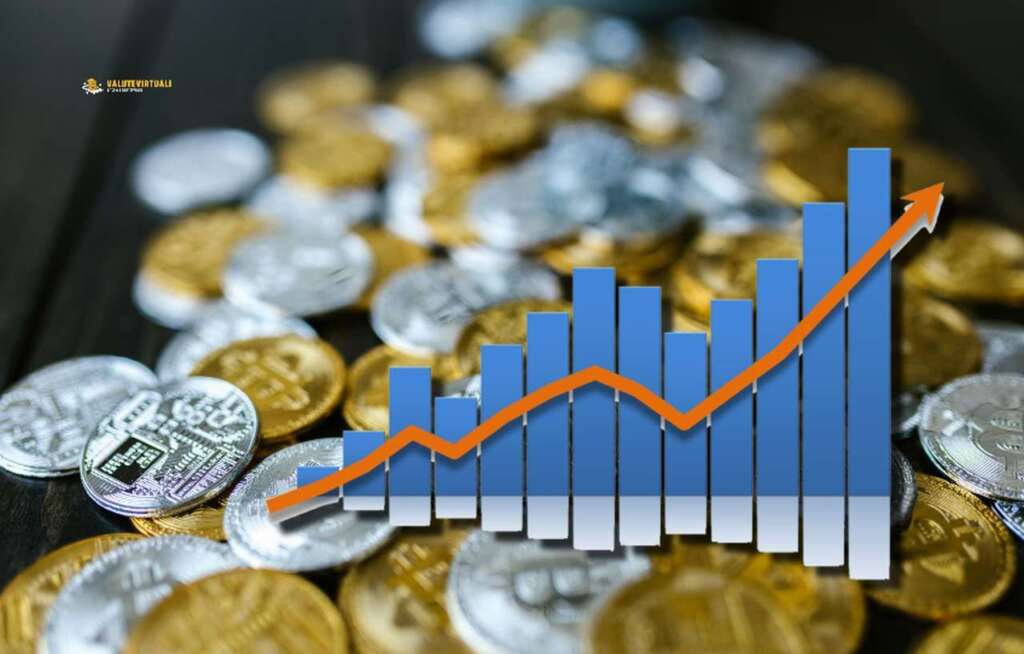 diverse monete di Bitcoin d'oro e d'argento con un grafico in sovrimpressione