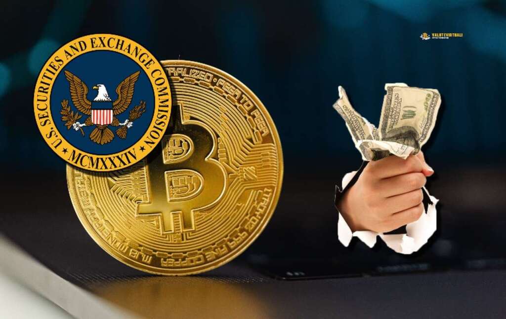 una moneta di Bitcoin e lo stemma della SEC in sovrimpressione. Una mano che stringe un pugno di banconote di dollari stropicciate sul lato destro dell'immagine