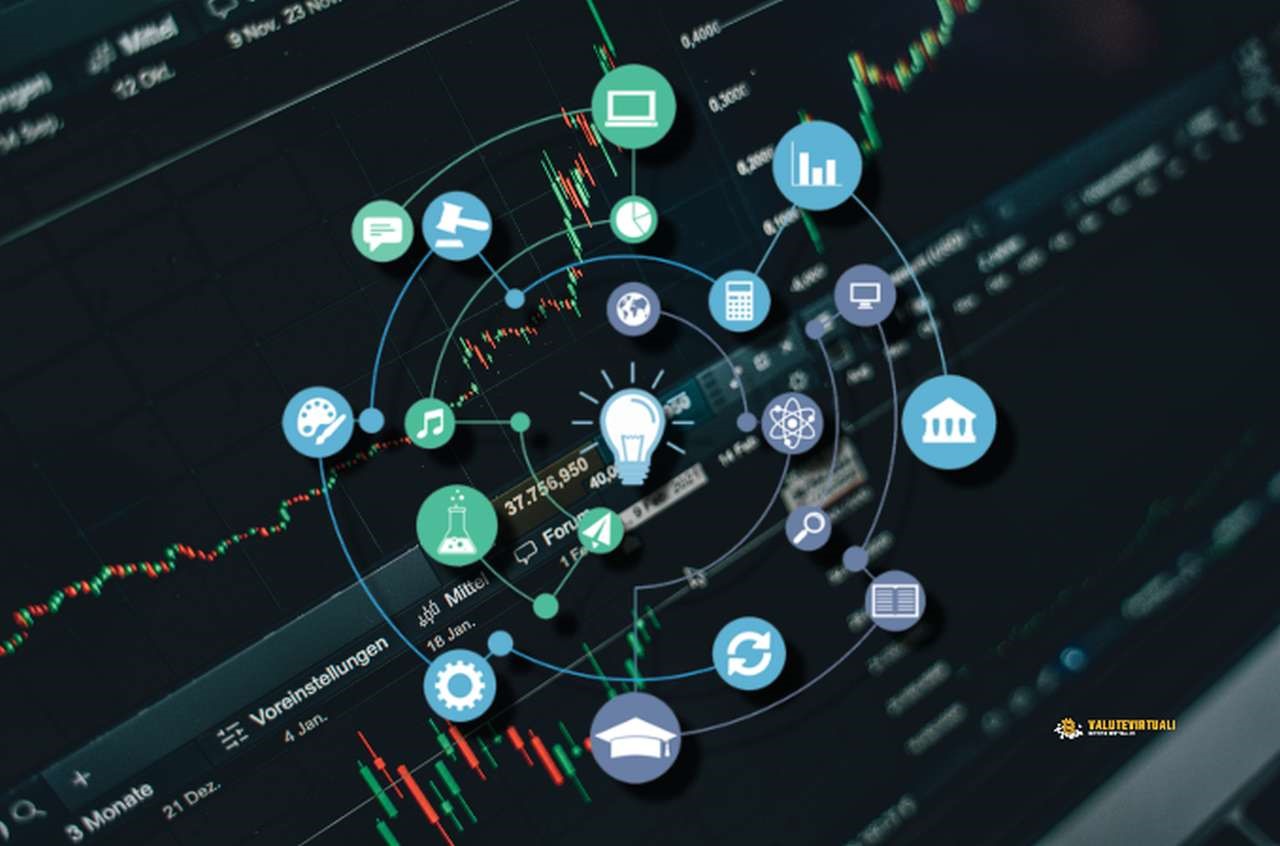 dei grafici finanziari con vari loghi di prodotti tech in sovrimpressione