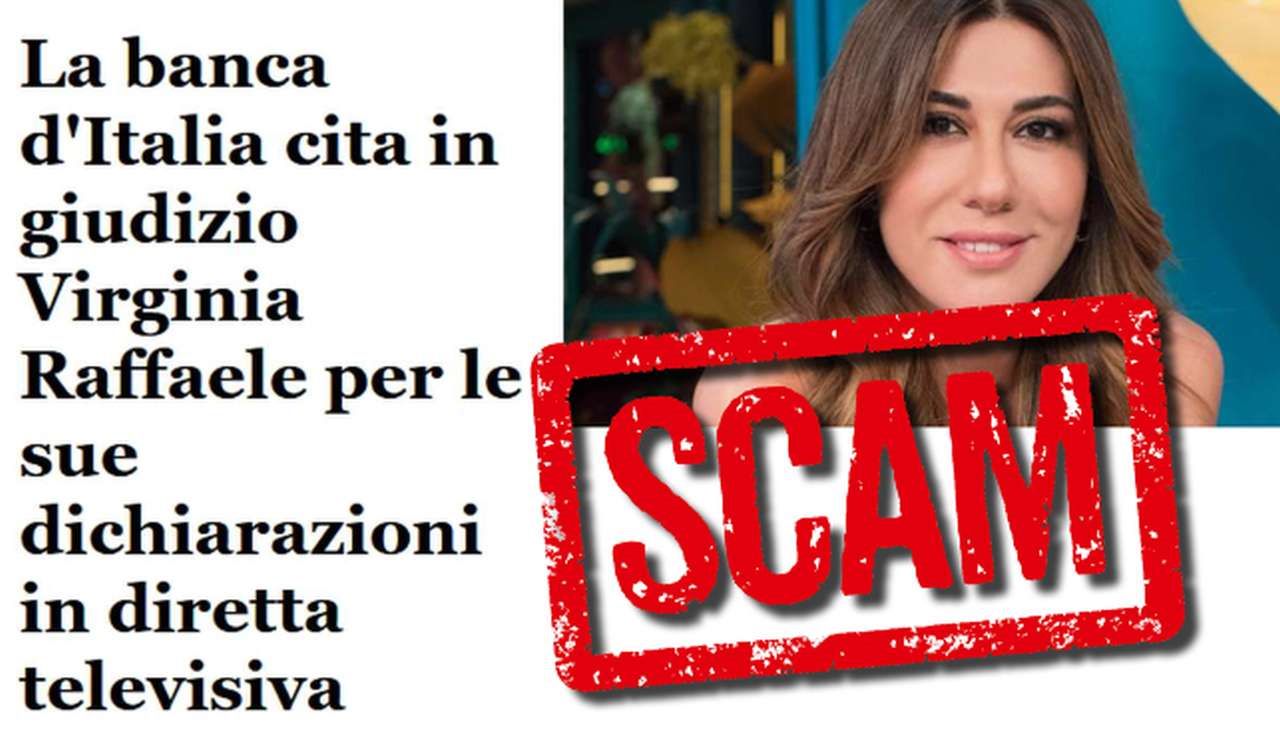 uno screenshot della notizia che appare sui social con il volto di Virginia Raffaele. In sovrimpressione la scritta SCAM