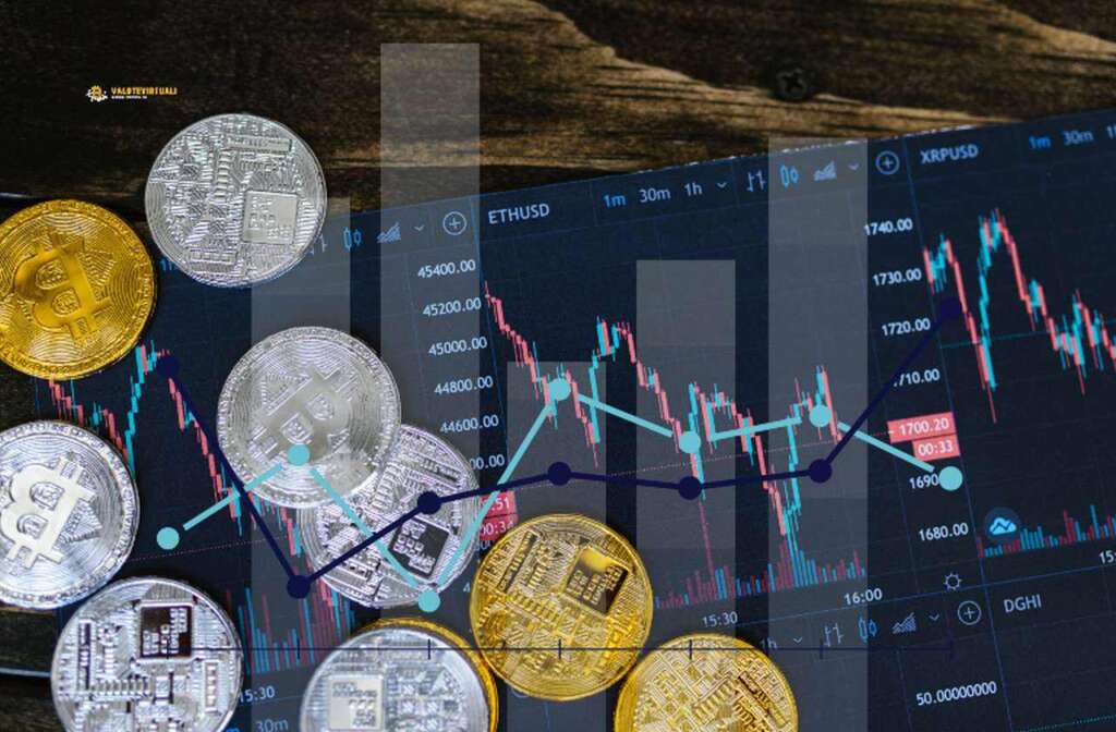 alcune monete d'oro e d'argento con il logo di Bitcoin con un grafico a colonne in sovrimpressione e un altro grafico sullo sfondo