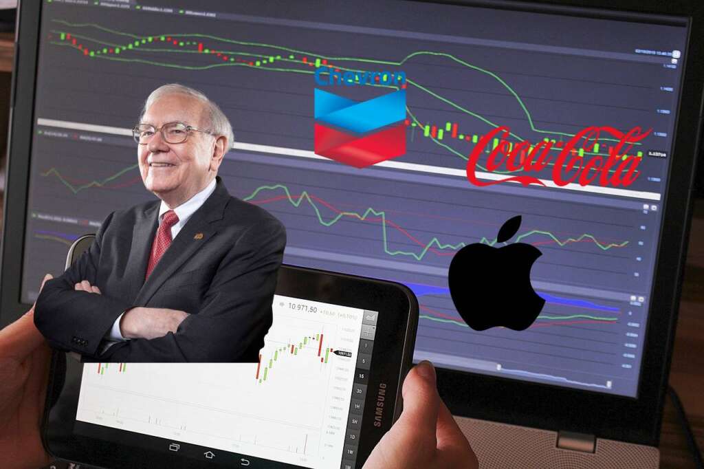chart trading con ritratto Buffett e logo Coca Cola, Apple e Chevron