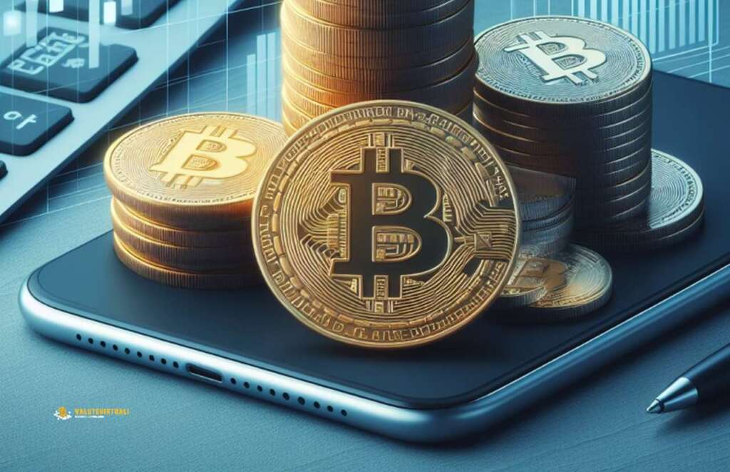 alcune monete di Bitcoin poggiate sullo schermo di uno smartphone spento