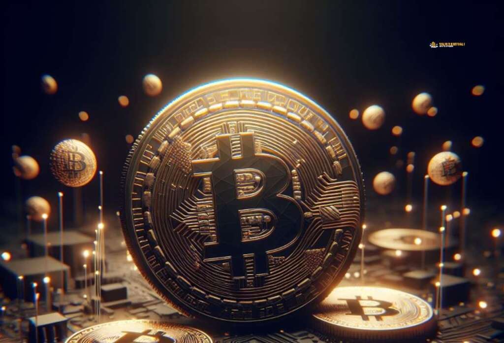 una moneta di Bitcoin campeggia al centro con una scheda elettronica sotto di essa, e tante piccole monete di Bitcoin intorno