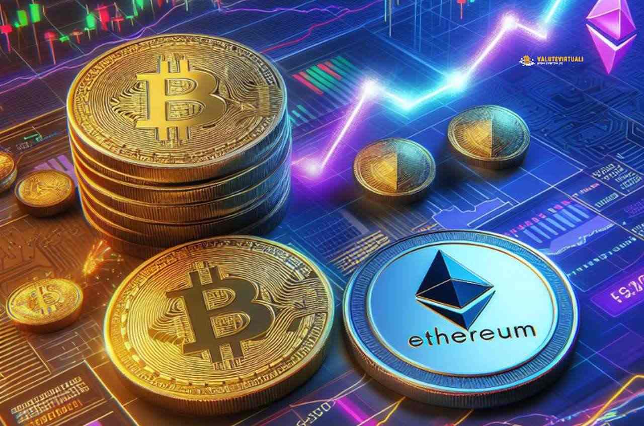 monete di Bitcoin ed Ethereun su un piano con dei circuiti e linee luminose