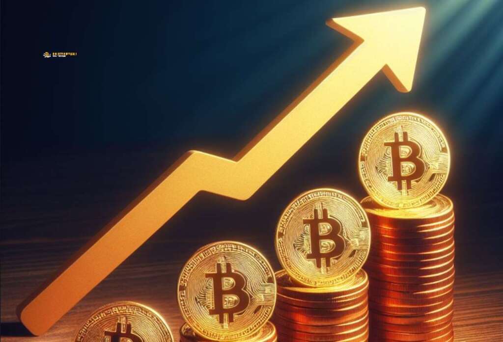 delle monete di Bitcoin disposte in colonnine che formano una scaletta e una freccia che la percorre verso l'alto