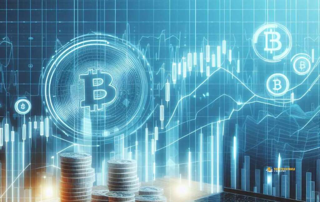 una moneta di Bitcoin in trasparenza su uno sfondo con grafici finanziari