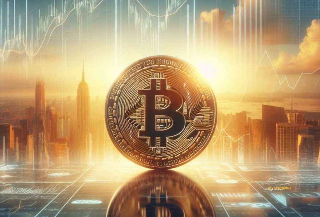Una moneta di Bitcoin con cielo sereno sullo sfondo e dei grafici in trasparenza tra i palazzi di una metropoli