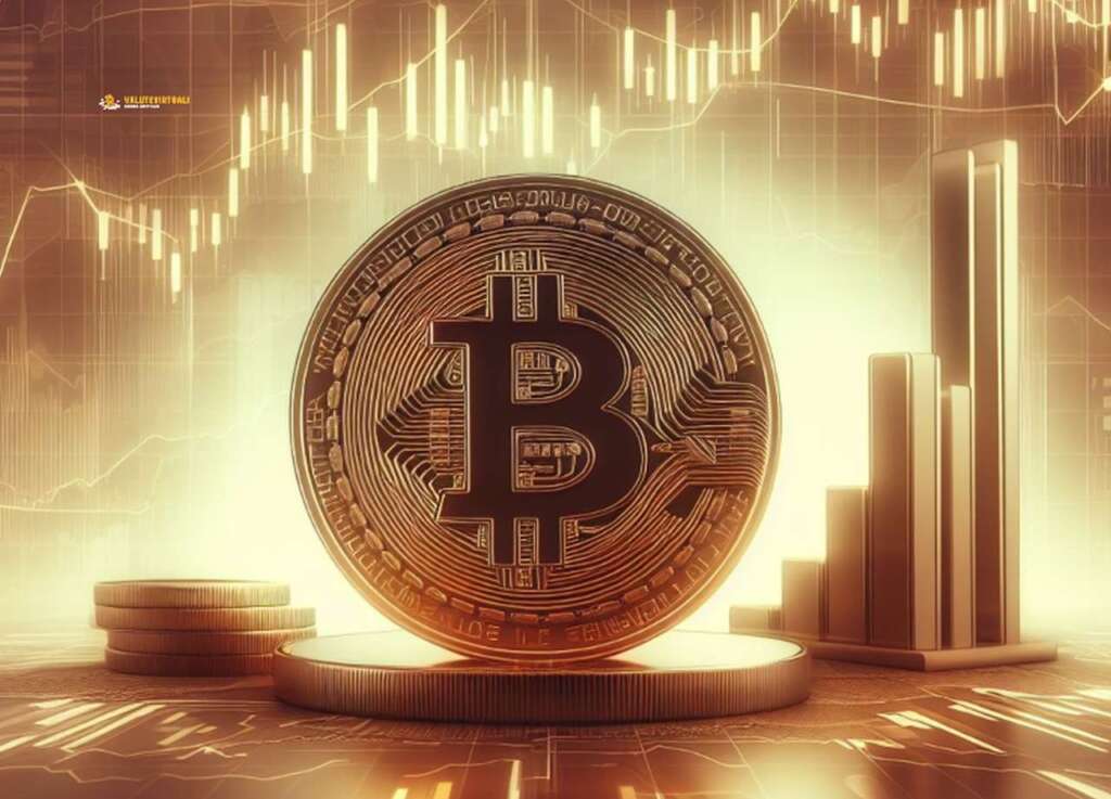Una moneta di Bitcoin con dei grafici sullo su uno sfondo luminoso dalle tonalità ambra e oro