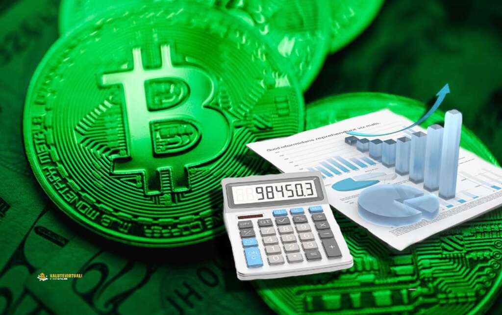 una calcolatrice e delle carte con dei grafici con alcune monete di Bitcoin in toni di verde sullo sfondo