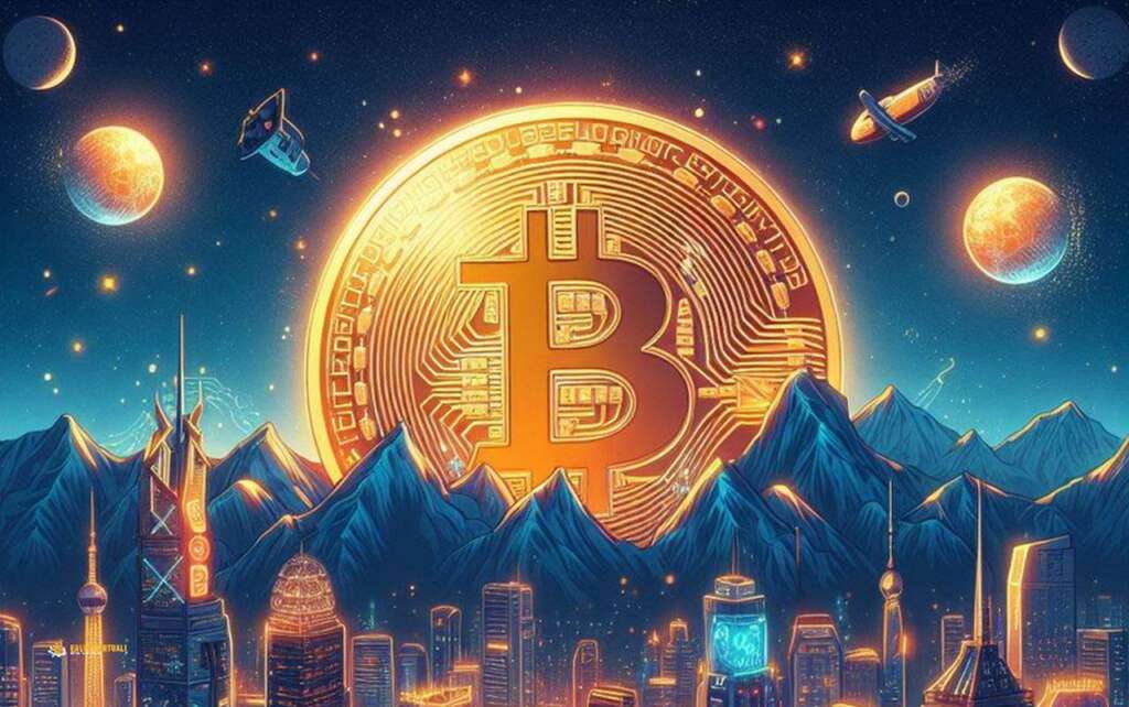 Una moneta di Bitcoin che sorge oltre le montagne su una metropoli futuristica