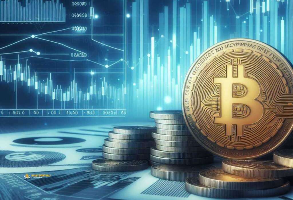 alcune monete di Bitcoin e alcuni grafici a candele sullo sfondo