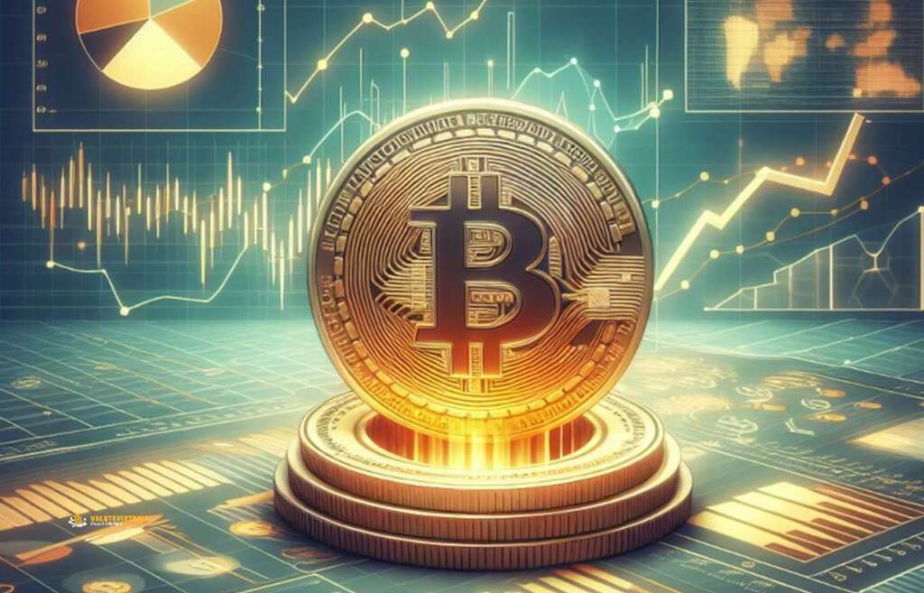 una moneta di Bitcoin poggiata di taglio su altre monete, con dei grafici finanziari sullo sfondo