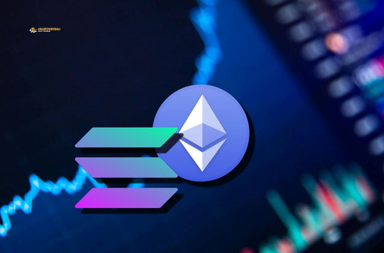 Il simbolo di Solana e quello di Ethereum con un grafico a candele sullo sfondo