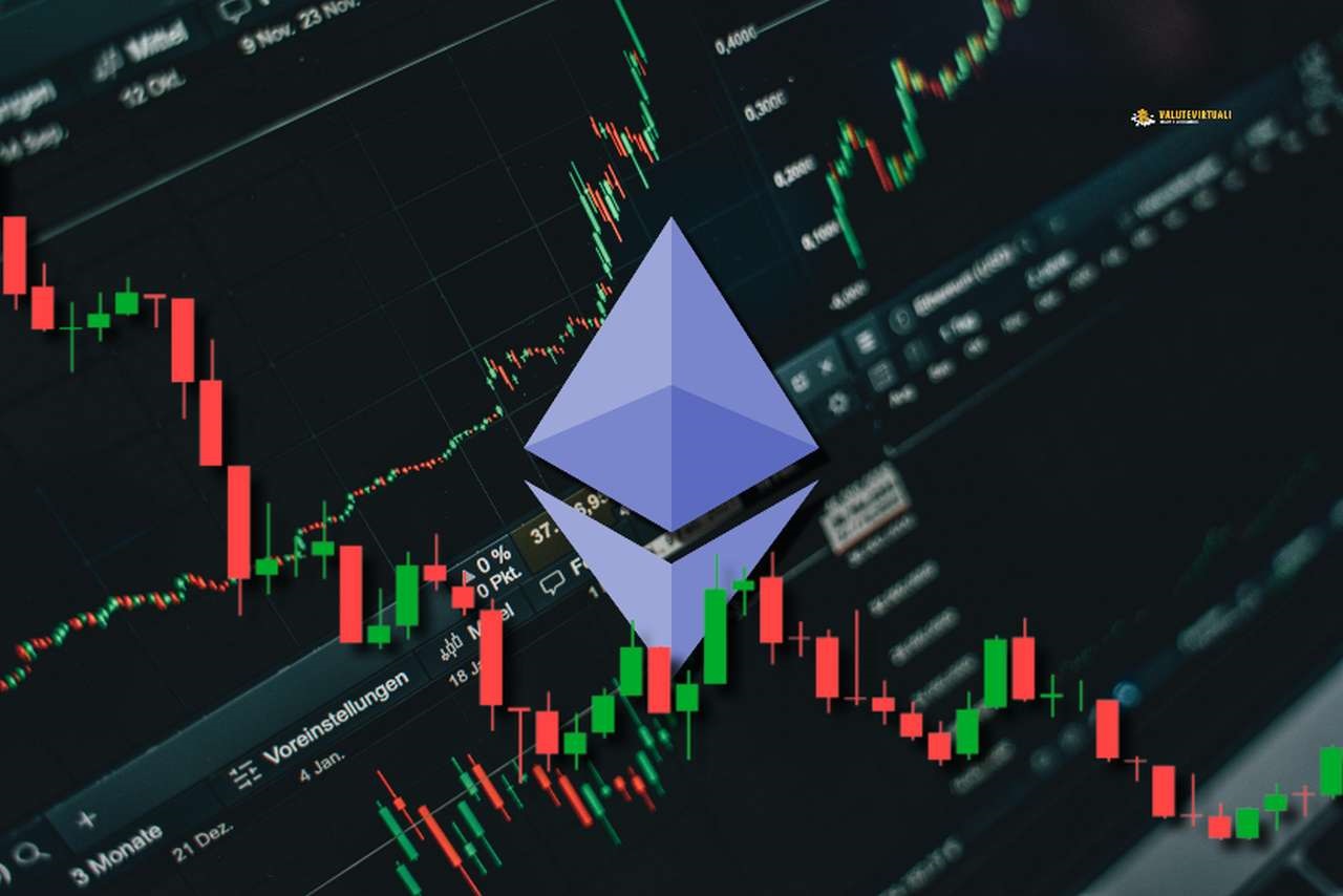 Il simbolo di Ethereum al centro e dei grafici a candele sullo sfondo