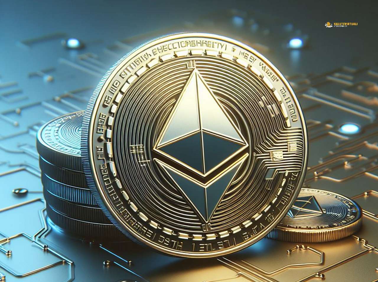 una moneta di Ethereum con dei circuiti e altre monete impilate sullo sfondo