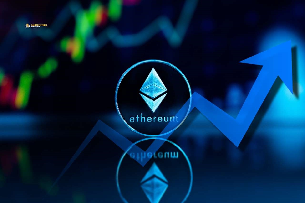 una moneta di Ethereum con grafici sul'andamento dei pressi sullo sfondo e una freccia in sovrimpressione