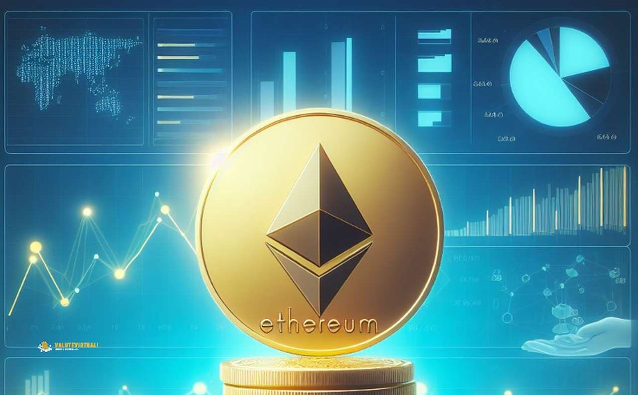 una moneta di Ethereum al centro e sullo sfondo in toni di blu dei grafici finanziari