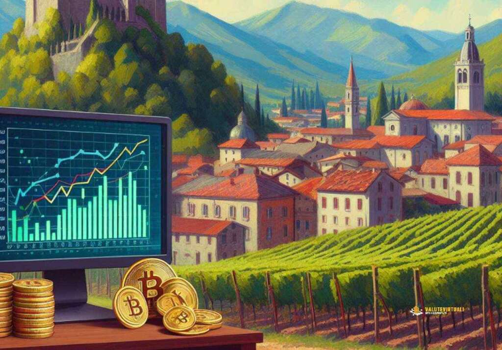 lo scorcio di un Paesino di montagna e in basso a sinistra lo schermo di un pc con dei grafici finanziare e alcune monete di Bitcoin