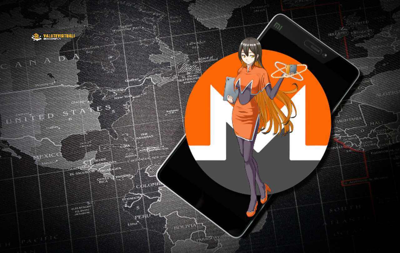 una mappa del mondo in bianco e nero, e uno smartphone coperto in parte dal logo di Monero con la mascotte della crypto