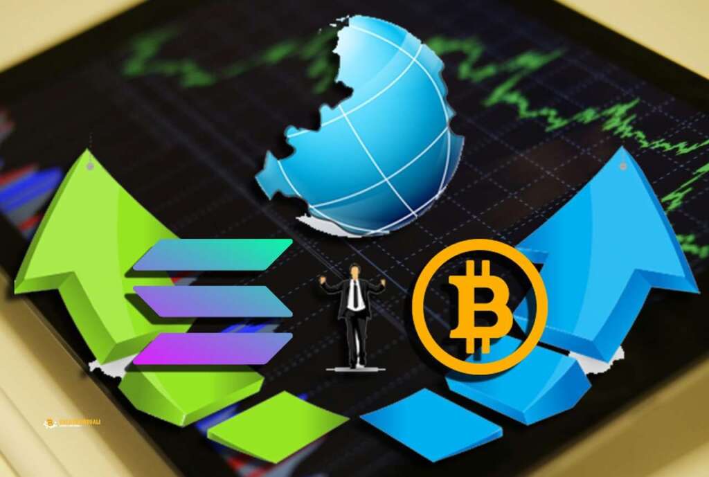 un tablet con dei grafici sui prezzi, e in sovrimpressione il logo di Solana e quello di Bitcoin, ciascuno su una rampa a forma di freccia verso l'alto