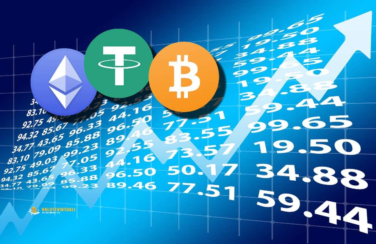 alcune cifre su sfondo blu attraversate da una freccia. In sovrimpressione i loghi di Ethereum, Tether e Bitcoin