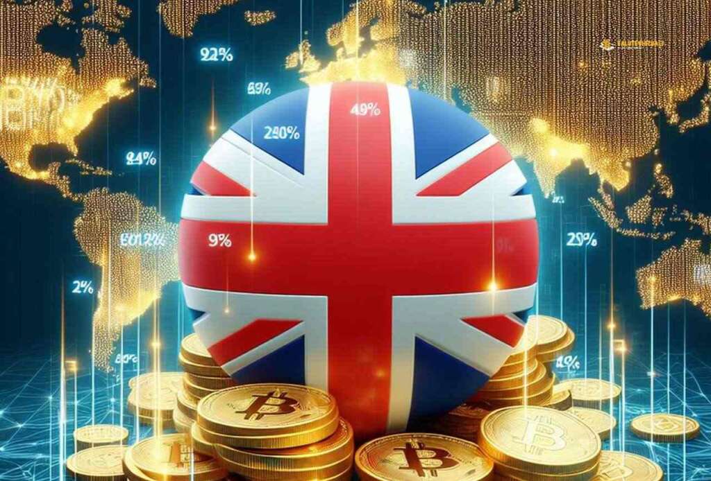 la bandiera del Regno Unito racchiusa in una sfera poggiata su alcune monete di Bitcoin, e sullo sfondo la cartina geografica del mondo