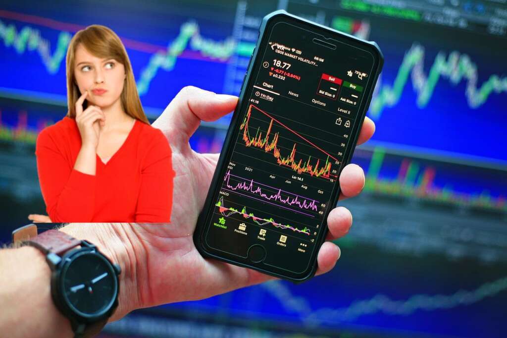 trader donna che pensa e mobile trading