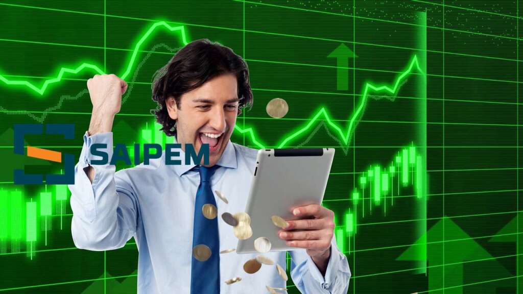 trader che esulta con logo di Saipem e monete