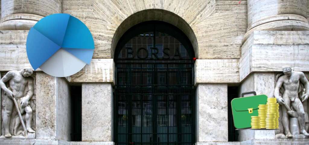 ingresso Borsa Italiana, grafico a torta a valigia con soldi