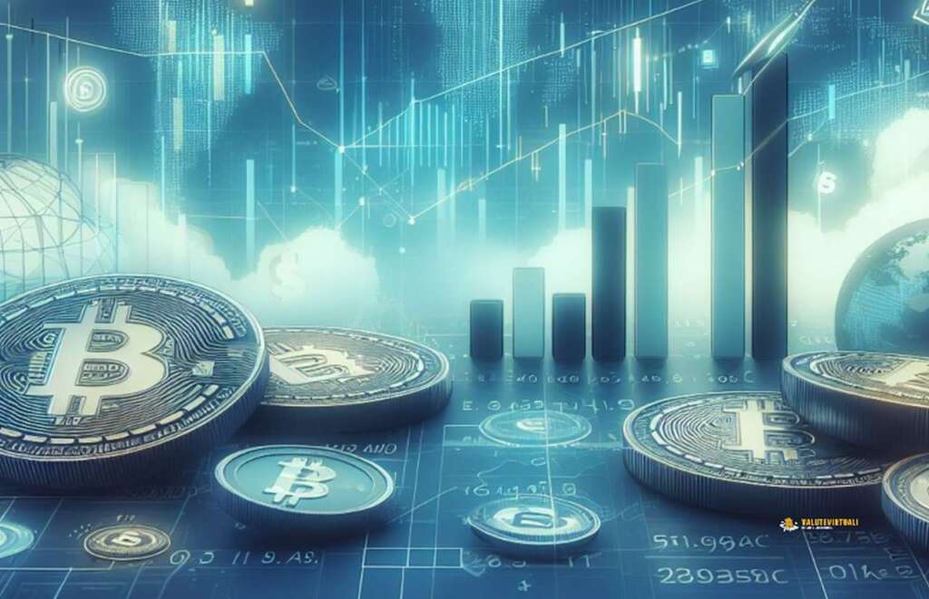 Un'immagine in toni di blu con alcune monete di Bitcoin su un piano, e sullo sfondo dei grafici finanziari