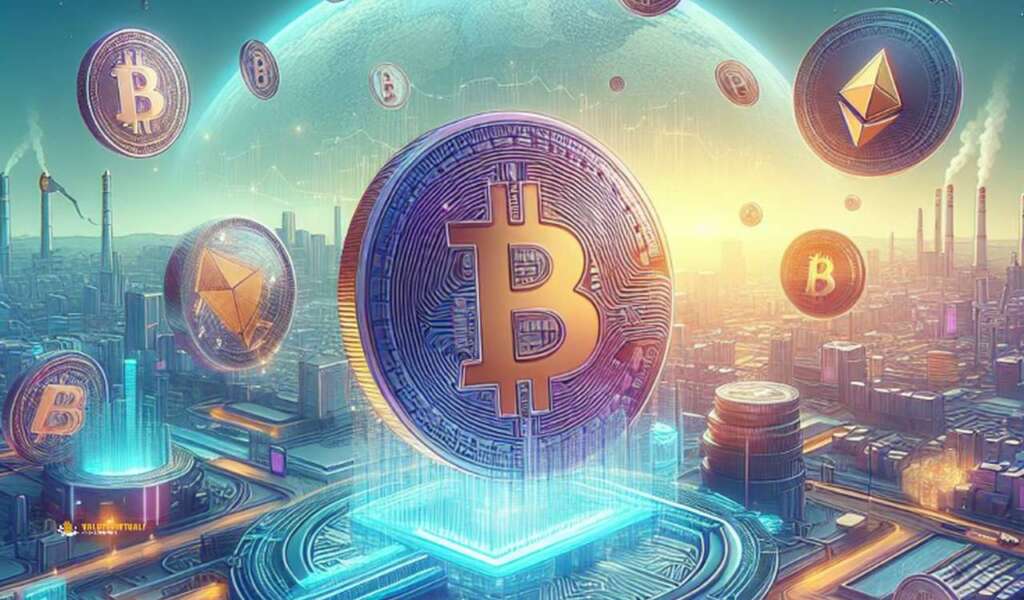Monete di Bitcoin ed Ethereum sospese in aria su una città futuristica